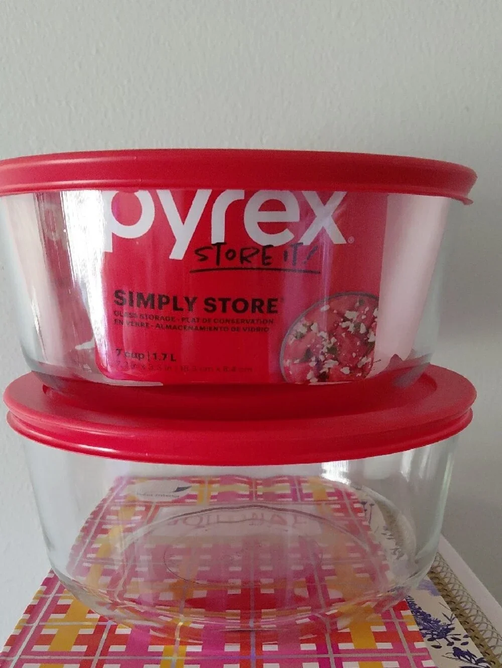 Pyrex Red Lid Glass Food Storage Bowls 7 Cup  (Set of 2)